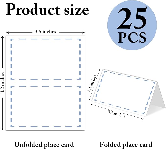 25 Pack Blue Lines Place Cards, Editable Name Cards for Table Setting, Tent Cards Food Label for Dinner Party, Bridal Shower, Wedding, Baby Shower and Events -T17