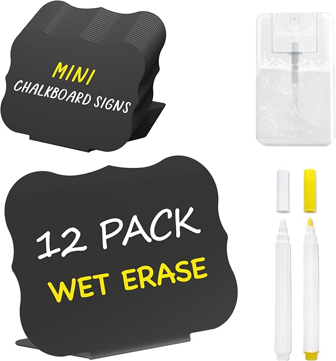 PigPotParty 12 Pcs Food Labels for Party Buffet w/Cleaning Spray, 4"x3" Mini Chalkboard Signs Include 2 Liquid Chalk Markers for Food Display - Food Tags- Table Palce Card (Waved Shape)