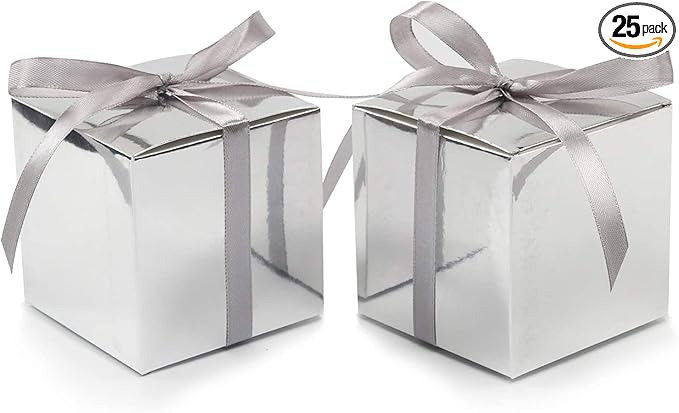 COTOPHER 25pcs Wedding Favor Boxes, Paper Gift Boxes 3x3x3 Inches Small Gift Boxes with Ribbons Small Boxes for Gifts, Crafting, Cupcake, Candy, Bridesmaid Proposal Boxes