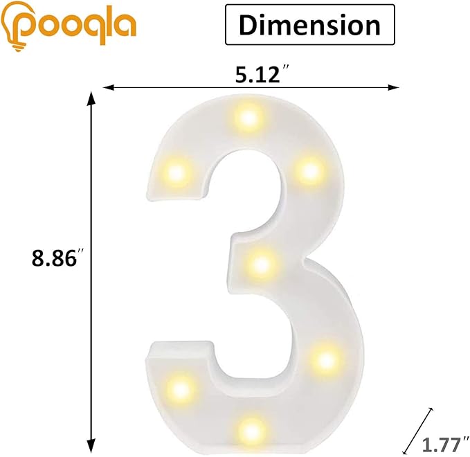 Decorative Led Light Up Number Letters, White Plastic Marquee Number Lights Sign Party Wedding Decor Battery Operated Number (3)