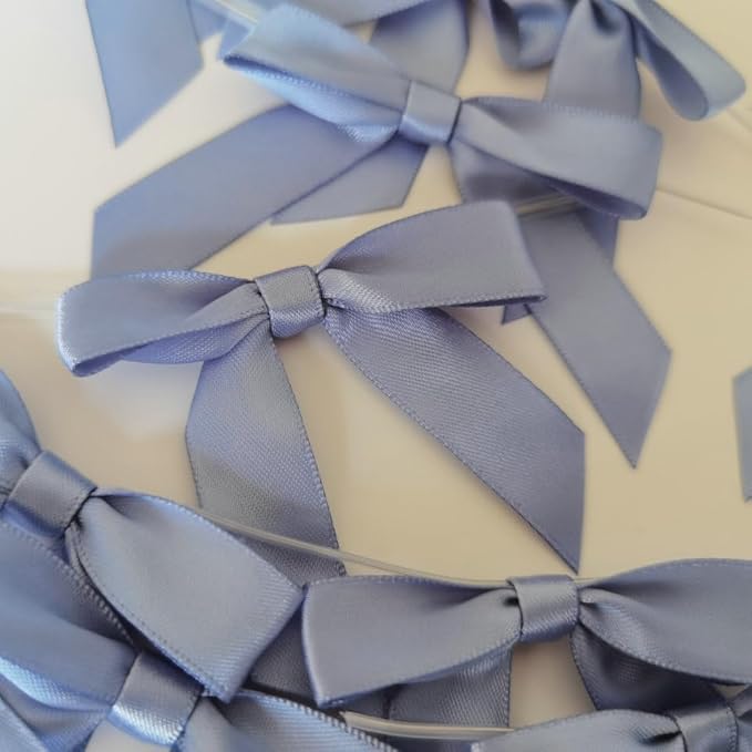 50pcs 2-1/2" Smog Blue Satin Ribbon Bows with Twist Ties Smog Satin Ribbon Bows for Candy Party Decoration Gift Packing Wrapping Accessories(2.5”,Airy Blue)