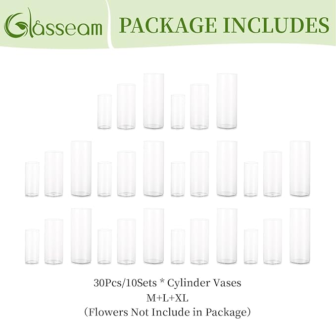 Glasseam Clear Cylinder Vases for Centerpieces, Glass Cylinder Vase Set of 30 for Flowers, Modern Hurricane Candle Holder for Pillar Candles, Floating Candle Vases for Wedding Table Decorations