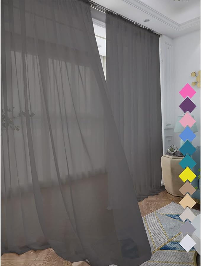 Window Dark Grey Sheer Curtains 48 Inches Width 160 Inches Long 2 Panels Sheer Curtain Clear Curtains Basic Rod Pocket Panel for Home Living Room Bedroom Kids Room Yard Patio Parlor Sliding