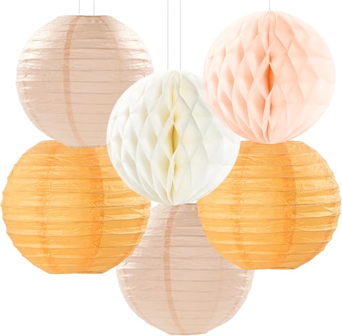 Beige-Orange Peach Fall Party-Decorations Paper-Lanterns- 14pcs Autumn Thanksgiving Harvest Birthday Boho Streamers Fan,Tissue Pom Poms, Baby Bridal Shower Wedding Engagement Decor Lasting Surprise