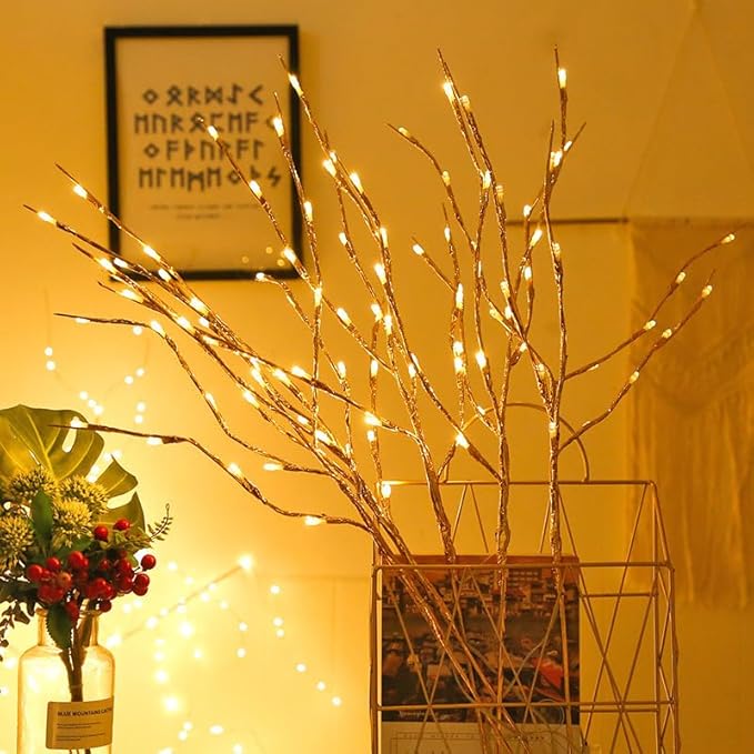 DK177 2 Pack Led Branch Light Battery Operated Lighted Branch Vase Filler Willow Tree Artificial Little Twig Power Golden 30 Inch 20 LED for Home Romantic Decoration (Gold-Warm White)