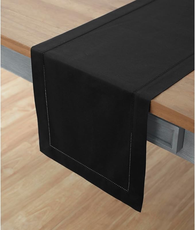 Solino Home Black Table Runner 48 Inches - Cotton Linen Hemstitch Coffee Table Runner 14 x 48 Inch Ideal for Dresser Tables - Fall, Autumn, Halloween, Thanksgiving, Holiday