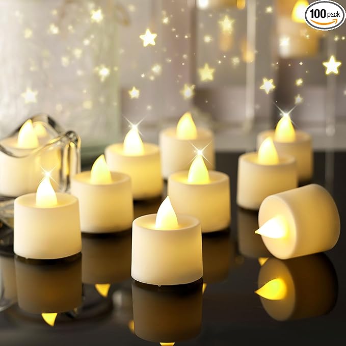 Amagic 100 Pack LED Tea lights, Flameless Votive Candles, Lasting Electric Fake Small Candles, Battery Operated Tealights Candles for Halloween, Christmas, Home Decor, Wedding, Party, Festival (Ivory)