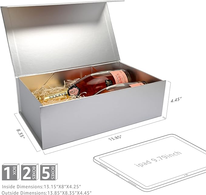 LIFELUM Gift Boxes with Lids,1 Pack 13.85 x 8.35 x 4.45 inch Silver Gift Boxes with Ribbon, Card, Shredded Paper Filler Gift Boxes for Presents,Graduation,Christmas,Birthdays