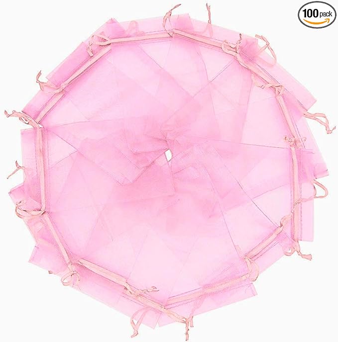 Wudygirl 100pcs Sheer Pink 5''X7 Organza Bags with Drawstring Jewelry Lipstick Pouches Baby Shower Party Wedding Favors Chocolate Candy Bags (Pink 5x7)