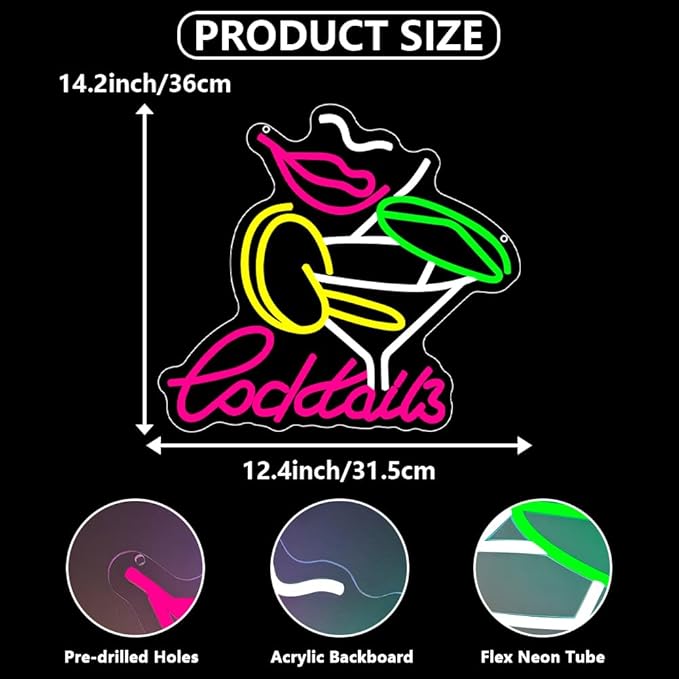 Cocktails Neon Sign, Cocktail Bar LED Neon Light for Wall Decor Dimmable Led Light Up Sign for Home Beer Bar Pub Night Club Party Man Cave Decoration Gift USB Powered(14.2"*7.5")