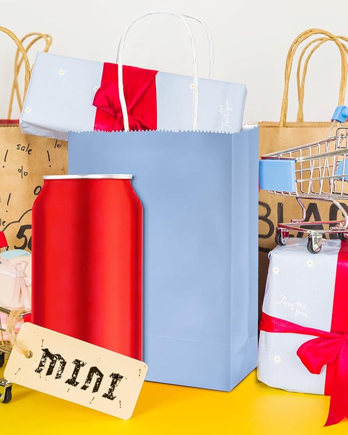 qiqee 50-Packs Light Blue Paper Gift Bags with Handles Bulk 4.5"x2.5"x6" Mini Size Party Favor Bags Multiple Uses