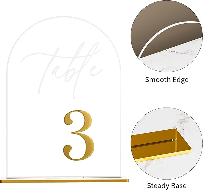 Arch Wedding Table Numbers 1-20 w/Stand, Gold 3D Table Numbers for Reception - 5.5" X 7" Elegant Acrylic Arch Sign with Holder, Perfect for Wedding, Anniversary, Banquet, and Event Decor