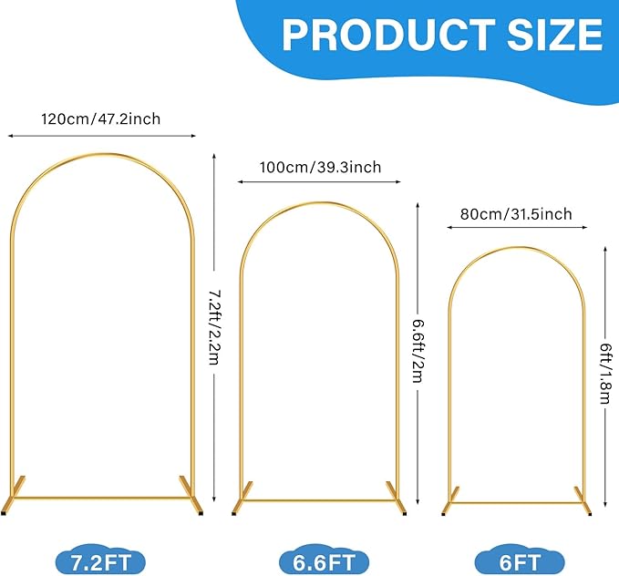 Heavy Duty Metal Arch Backdrop Stand, 6FT Stable Gold Arch Stand with Ground Stakes and Water Bags, Balloon Arch Stand for Wedding Party Baby Shower Photo Flower Arch Decration (6FT)
