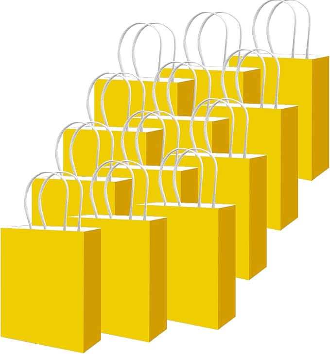 qiqee 50-Packs Gift Bag with Handles Bulk Bright Yellow Paper Bags Multiple Uses (8.3"x3"x6" Small Size)