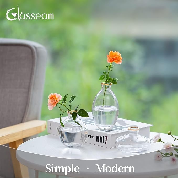 Glass Bud Vase for Centerpieces, 6Pcs/2Sets Glasseam Modern Gold Rim Mini Small Vases for Flowers Bulk Flower Vase Set Aesthetic Cute Handmade Tiny Short Wedding Table Centerpiece Decor