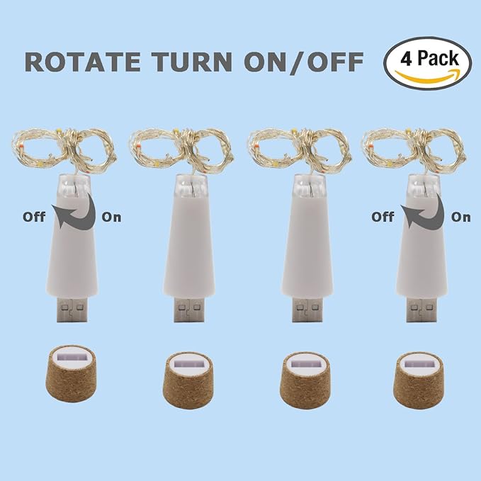 NeoJoy Wine Cork Lights, Rechargeable Bottle Fairy String Lights with 15 LED for DIY Artificial Parties Centerpiece Bedroom Decoration Gift (Warm White, 4PCS)
