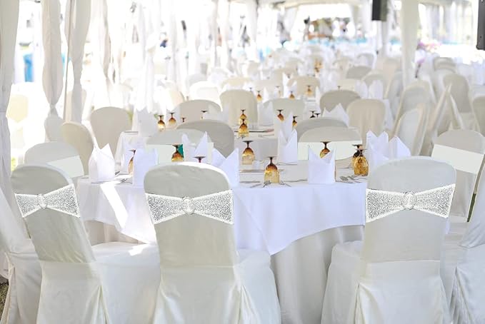 50 Pcs Chair Sashes Sequin Stretch Chair Bands Spandex Polyester Bows for Party Hotel Wedding Banquets Decoration - White