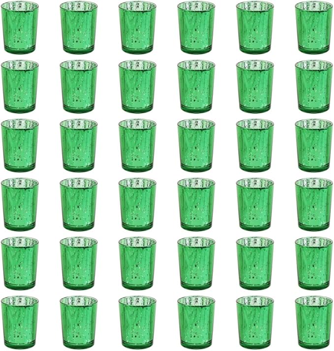Green Mercury Glass Tea Light Holders Set of 36 - Elegant Votive Candle Holders for Weddings, Showers and Home Decor - Perfect for Table Centerpieces and Parties (Glass, Green)