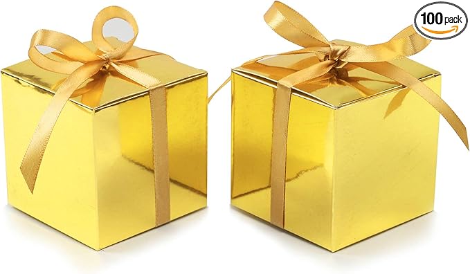 COTOPHER 100pcs Small Gift Boxes, Favor Boxes 2x2x2 inches Paper Gift Boxes with Ribbons Candy Box for Wedding Favors Baby Shower Bridal Shower Birthday Party (100pcs 2x2x2, Gold)