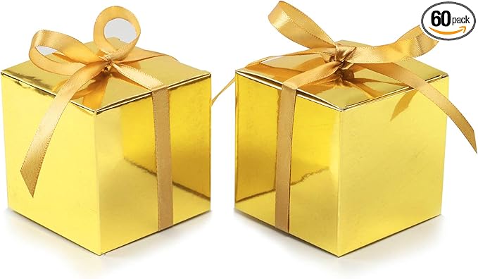 COTOPHER 60pcs Small Gift Boxes, Favor Boxes 2x2x2 inches Paper Gift Boxes with Ribbons Candy Box for Wedding Favors Baby Shower Bridal Shower Birthday Party (60pcs 2x2x2, Gold)