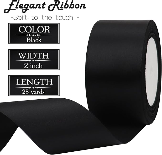 Black Solid Satin Ribbon 2 Inch 25 Yards Solid Polyester Fabric Ribbon for Gift Wrapping Wedding Christmas Baby Shower Birthday Party Decoration Handmade Immortal Flower Craft