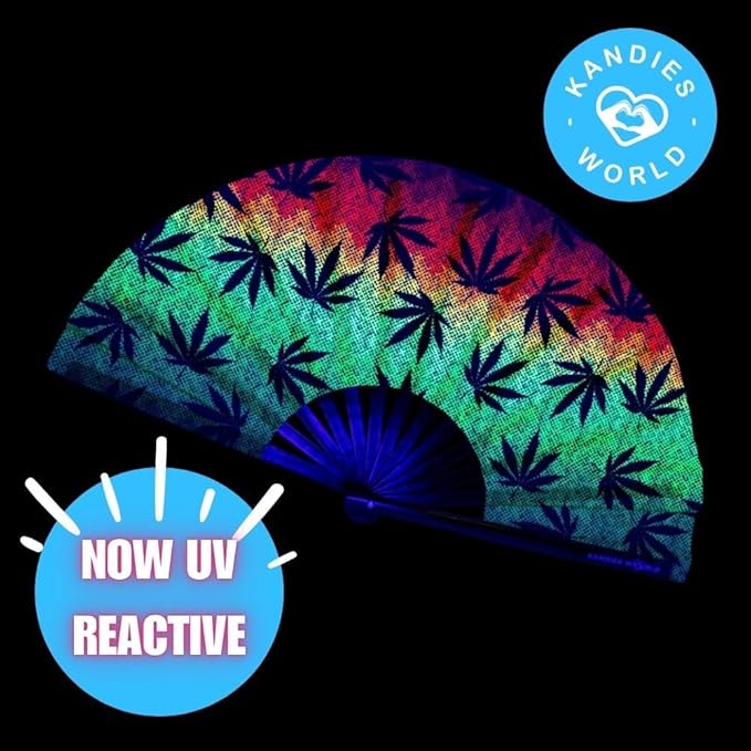 Kandies World UV Reactive Custom Festival Folding Hand Fan - Unique Designs, Made of Bamboo, Clacking Sound, Lightweight - Perfect Rave and Festival Accessory!