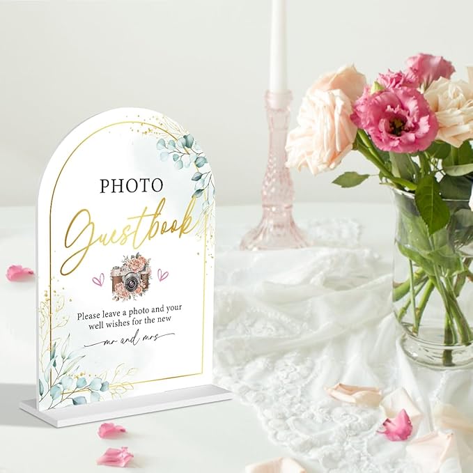Acrylic Wedding Sign for Ceremony & Reception - 5x7 Inch White Guest Book, Photo Guest Book, Cards & Gifts - Wedding Decor Bundle