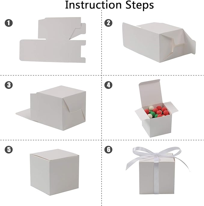 COTOPHER 100pcs Wedding Favor Boxes, Paper Gift Boxes 3x3x3 Inches Small Gift Boxes with Ribbons Small Boxes for Gifts, Crafting, Cupcake, Candy, Bridesmaid Proposal Boxes，Easy Assemble Boxes (White)