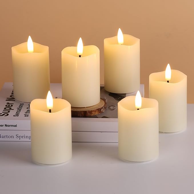 Eywamage Timer Flameless Votive Candles 2 inch x 3 inch , Flickering Small LED Pillar Candles Batteries Included, Ivory Christmas Home Decor 6 Pack with 5 hours timer