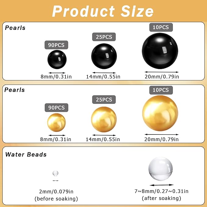 Floating Pearls for Centerpieces Vases, 250PCS Black Gold No Hole Fake Pearl Beads and 4000PCS Water Beads for Vase Filler Floating Beads for Wedding Party Decoration (Black Gold 8/14/20mm)