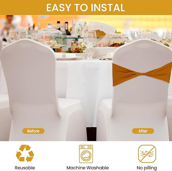 Kinlop 50 Pcs Spandex Chair Sashes Bows Chair BB0C3V65Z6Tands Slider Sashes for Covers Elastic Bands Ties Without Buckle Decorations for Wedding Party Events Ceremony Birthday(Mustard Yellow)