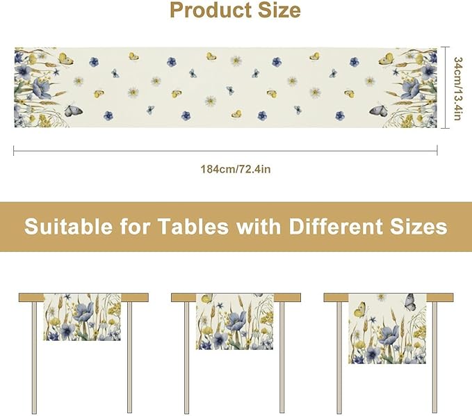 Floral Table Runner, Spring Watercolor Flower Plants Nature Butterfly Table Runner for Kitchen Dinner Living Room Home Party, 13x70 Inch