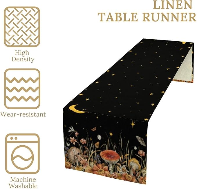 Mushroom Kitchen Table Runner, Gothic Moon Star Plants Witchy Moonlit Flower Butterfly Table Runner for Kitchen Party Living Room Drapes, 13x70 Inch Black