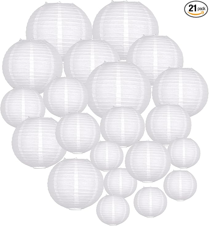 ADLKGG White Paper Lanterns Party Decorative, White Round Hanging Paper Lanterns Decorations for Graduation Wedding Engagement Birthday Party Decorations, 21pcs