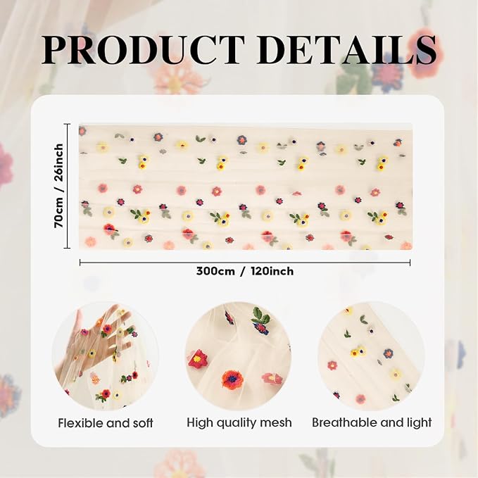 Artoid Mode Champagne Embroidery Daisy Gauze Table Runner 120 Inch 10FT, Seasonal Sheer Kitchen Dining Holiday Wedding Birthday Table Decor for Home Party