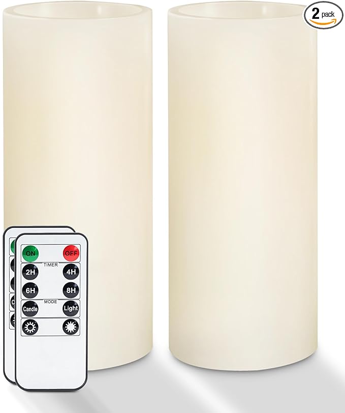 Homemory 9" x 3" Flameless Candles Battery Operated, Flickering LED Pillar Candles with Timers and 2 Remote Controls, Indoor Only, Flat Top, Ivory White Wax, Set of 2
