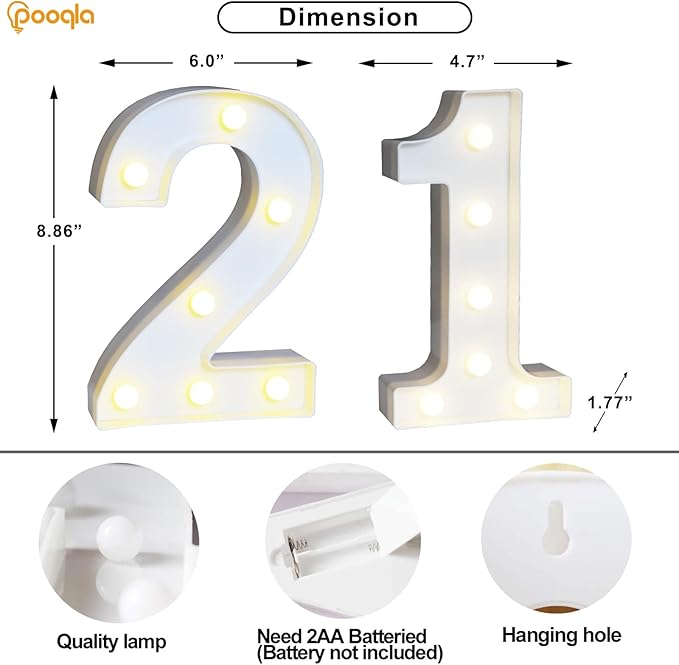 Pooqla 21st Birthday Decorations for Her Him, Decorative LED Light Up Numbers, Marquee Numbers 21 Sign for Party Backdrop 21st Wedding Anniversary Decor, Warm White and Cool White Number 21