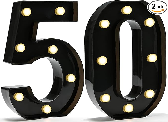 Pooqla Decorative Led Light Up Number Letters, Black Plastic Marquee Number Lights Sign for 50th Birthday Party Wedding Decor Battery Operated Black Decoration 50