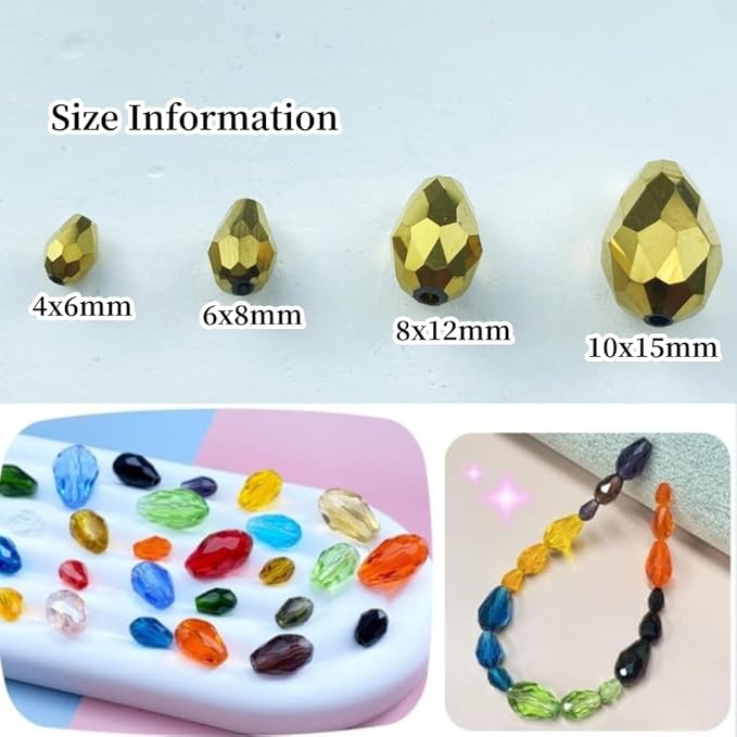 130pcs 6x8mm Teardrop Crystal Glass Beads Vertical Hole Faceted Glass Teardrop Spacer Beads for Bracelets Necklace Earring DIY Jewelry Making Craft(Gold)