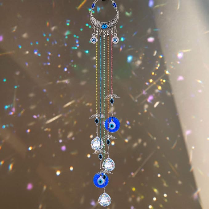 20inch Blue Evil Eye Hanging Crystals Suncatcher Ornament with Chakra Energy Crystal Ball Prism Pendant Rainbow Maker for Home Decor Protection
