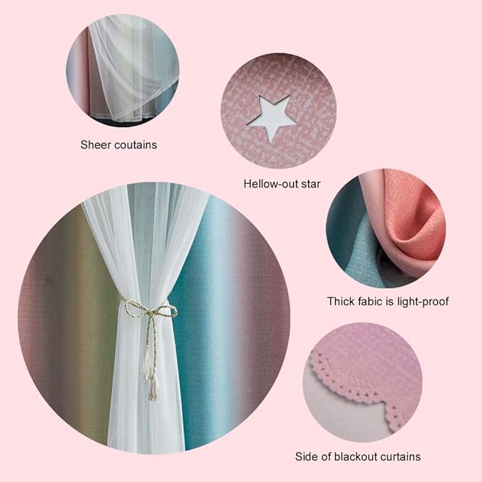 FANLI Ombre Rainbow Blackout Curtains for Kid Girls Bedroom Living Room Darking Stripe Double Layer Star Cut Out Wall Home Decor Gradient Grommet Window Curtains (Pink/Blue, 52W x 72L)