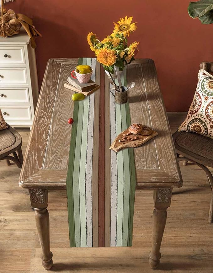 Sage Green Wooden Cotton Linen Table Runner for Dining Kitchen, Wedding Outdoor Party Tablerunners Decoration, Vintage Country Retro Distressed Grain Dresser Scarf Coffee Tablecloth Runners 13''x72''