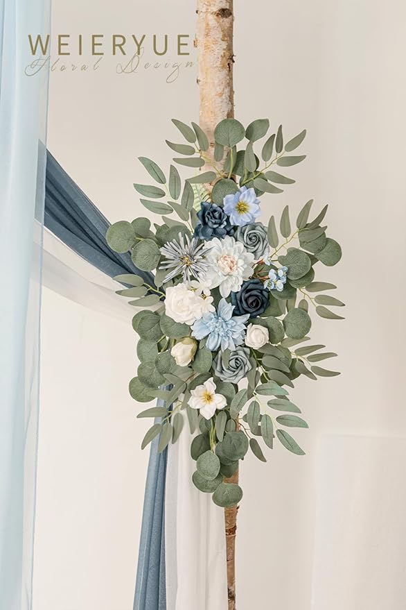Deluxe Blue Artificial Wedding Arch Flowers with Drapes Kit-Pack of 5, 2pcs Flower Arrangements 3pcs Hanging Sheer Drapes Blue Ceremony Arbor Reception Backdrop Rose Floral Decorations.