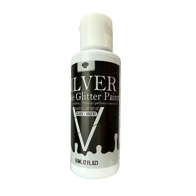 Edible Silver Glitter Paint - 2 fl.oz / 60ml Food Safe Edible Paint for Cake Decorating, Chocolate, Cocktail, Cupcakes - Silver Edibles Glitter Liquid Luster Dust for Halloween Candy, Drinks, Baking
