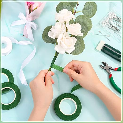 PAXCOO Floral Tape and Wire, Florist Tape and Flower Wire Arrangement Kit with White Ribbon, Boutonniere Pin, Wire Cutter for Bouquets, Crafts, Wreath Making (Dark Green)