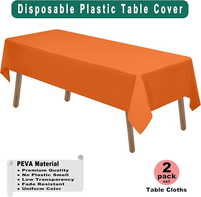 PARTY ULYJA Orange Plastic Tablecloths 2 Pack Disposable Table Covers 54 x 108 Inch PEVA Fall Colors Table Cloths for BBQ Picnic Birthday Wedding Parties 8 ft Rectangle Table Use