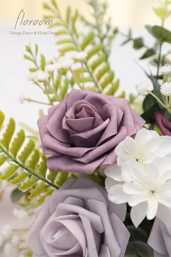 Floroom Artificial Flowers 25pcs Real Looking Plum Ombre Colors Foam Fake Roses with Stems for DIY Wedding Bouquets Bridal Shower Floral Centerpieces Party Tables Home Decorations