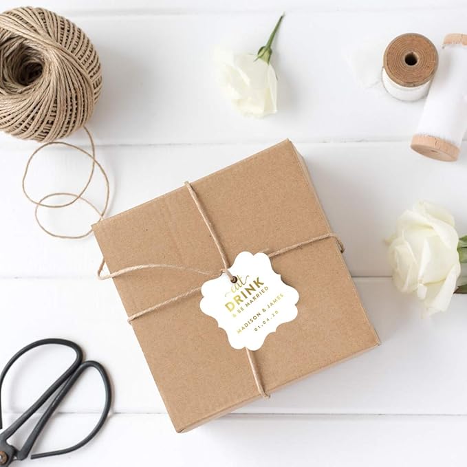 Andaz Press Personalized Fancy Frame Square Wedding Gift Tags, Metallic Gold Ink, Eat Drink and Be Married, 24-Pack, Custom Made Any Name