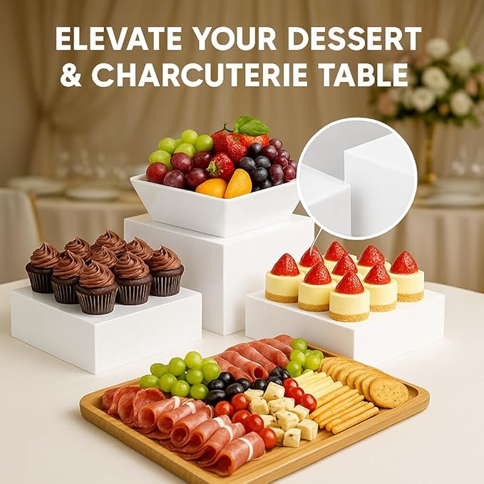 Buffet Risers 4-Pack – White Acrylic Cube Display Stands, Seamless Thick Acrylic Table Risers with Mini Sign Kit, Nesting Dessert, Party, Charcuterie & Retail Displays