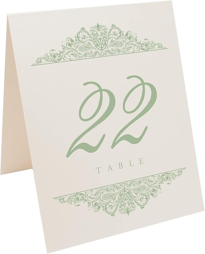 Paisley Wedding Table Numbers (Select Color/Quantity), Champagne, Sage, 1-175, Double Sided, Tent or Use in a Stand, Great for Parties & Restaurants - Made in the USA